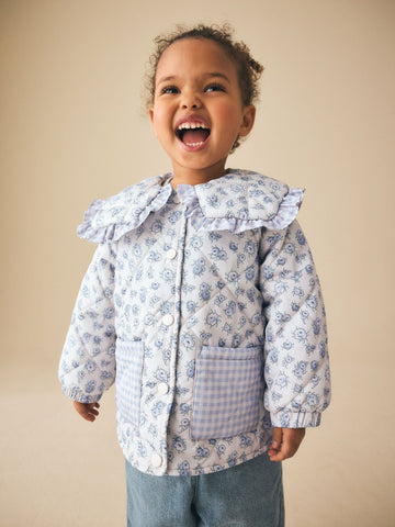 Blue/White Shower Resistant Frill Collar Quilted Jacket (3mths-7yrs)