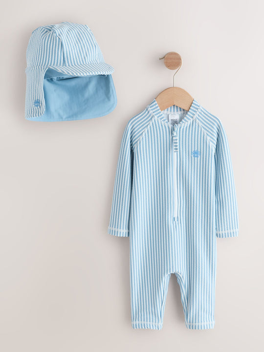 Light Blue Striped Sunsafe Swimsuit and Hat Set (3mths-7yrs)