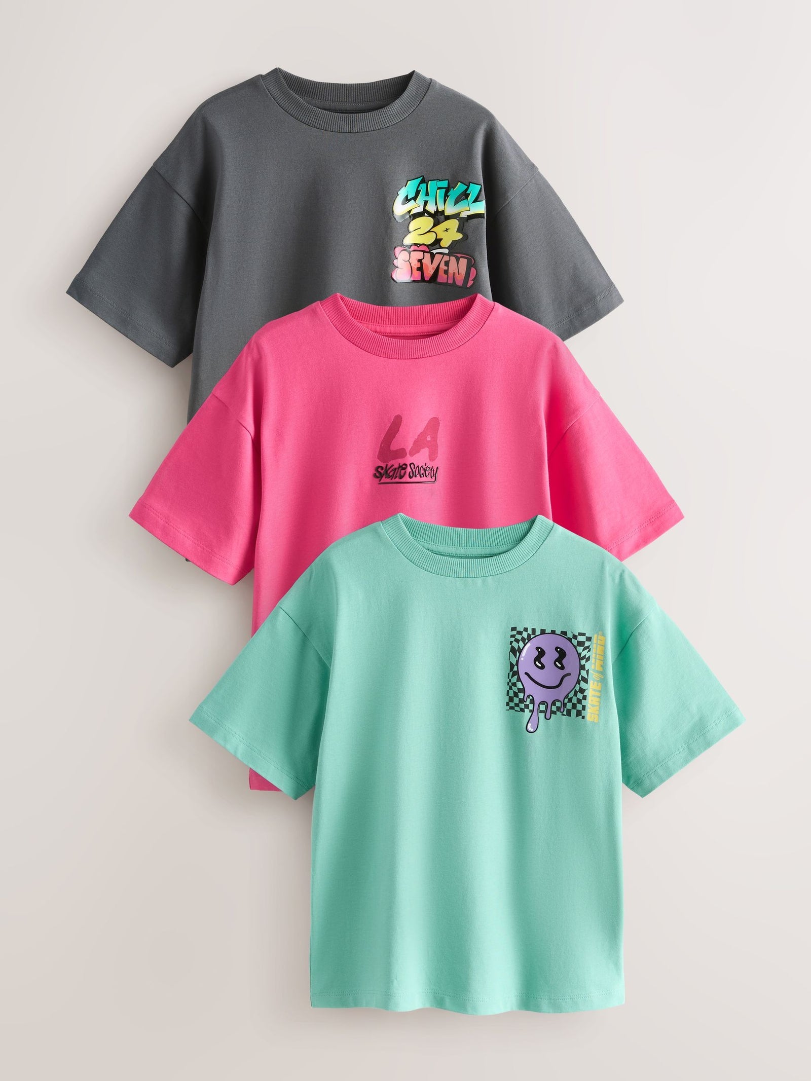 Teal/Grey/Pink Relaxed Fit Graphic Print Short Sleeve T-Shirts 3 Pack (3-16yrs)