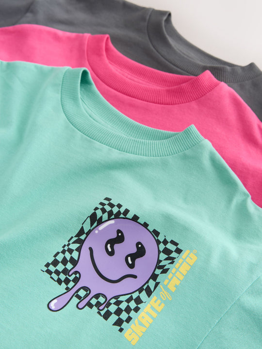 Teal/Grey/Pink Relaxed Fit Graphic Print Short Sleeve T-Shirts 3 Pack (3-16yrs)