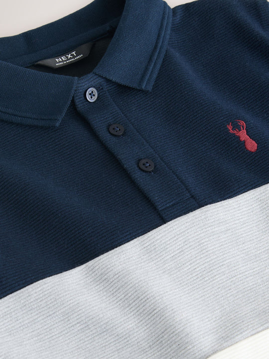 Navy Blue/Ecru Textured Colourblock Polo Shirt (3-16yrs)
