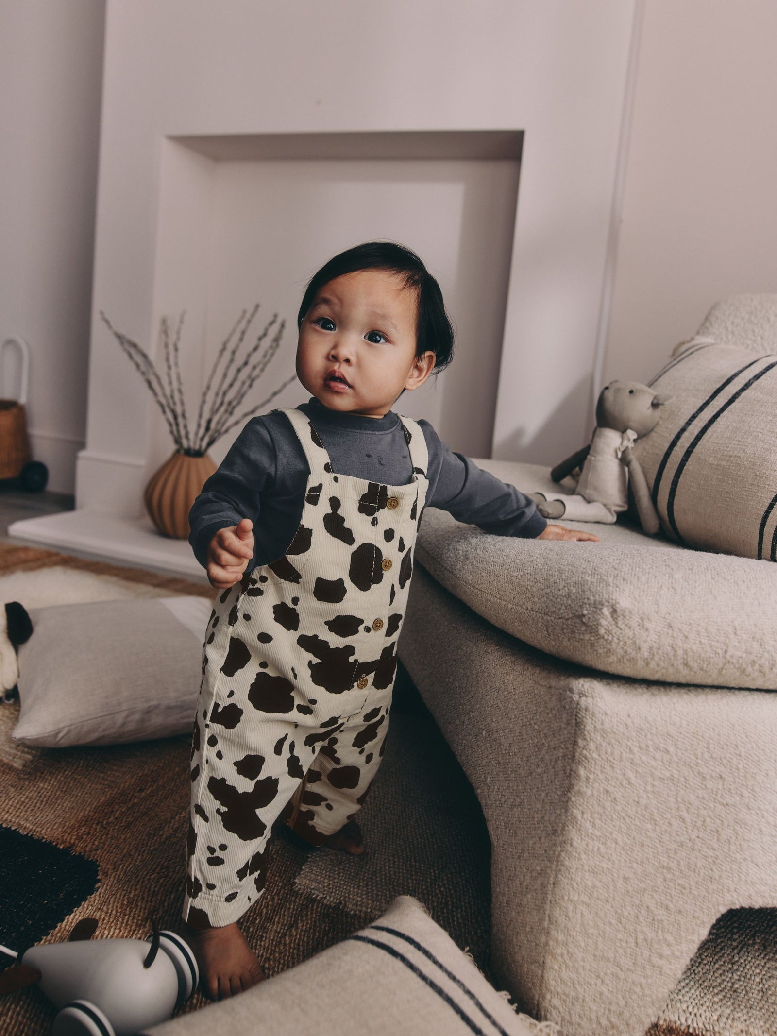 Charcoal/ Cream Cow Baby Dungarees and Bodysuit Set 2 Piece immediate