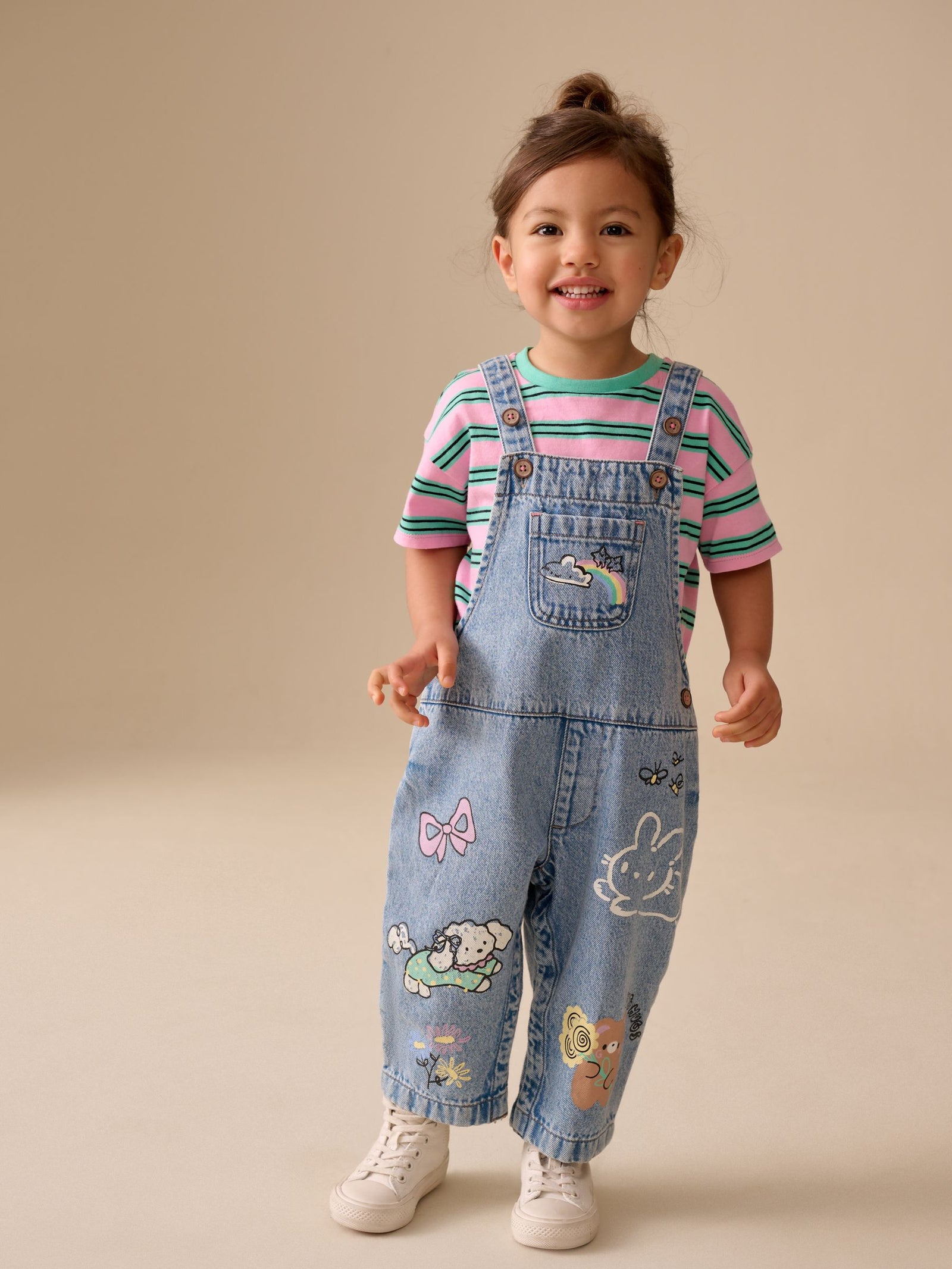 Mid Blue Cat Printed Denim Dungarees (3mths-7yrs)
