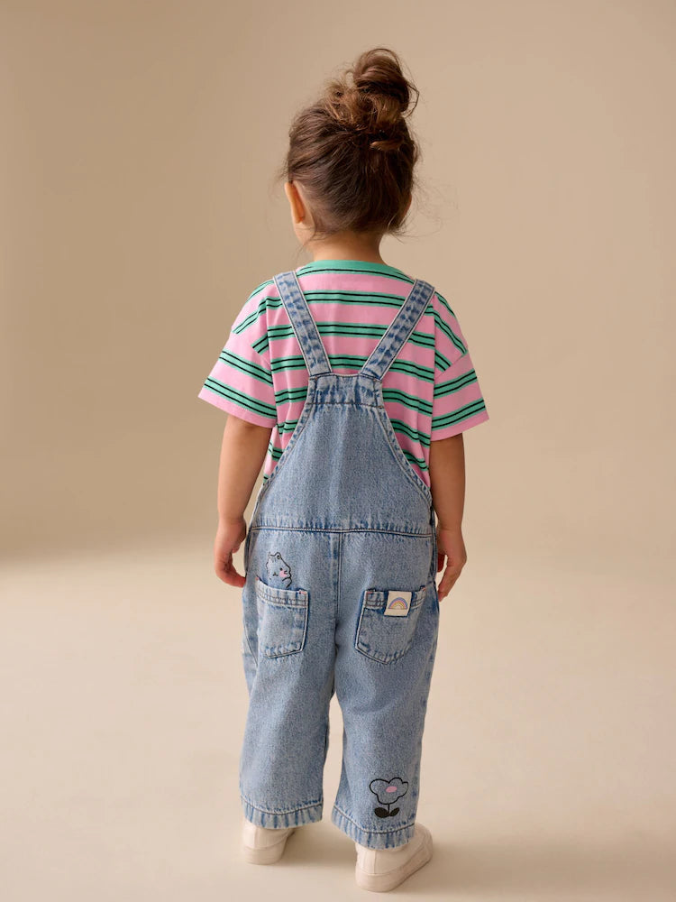Mid Blue Cat Printed Denim Dungarees (3mths-7yrs)