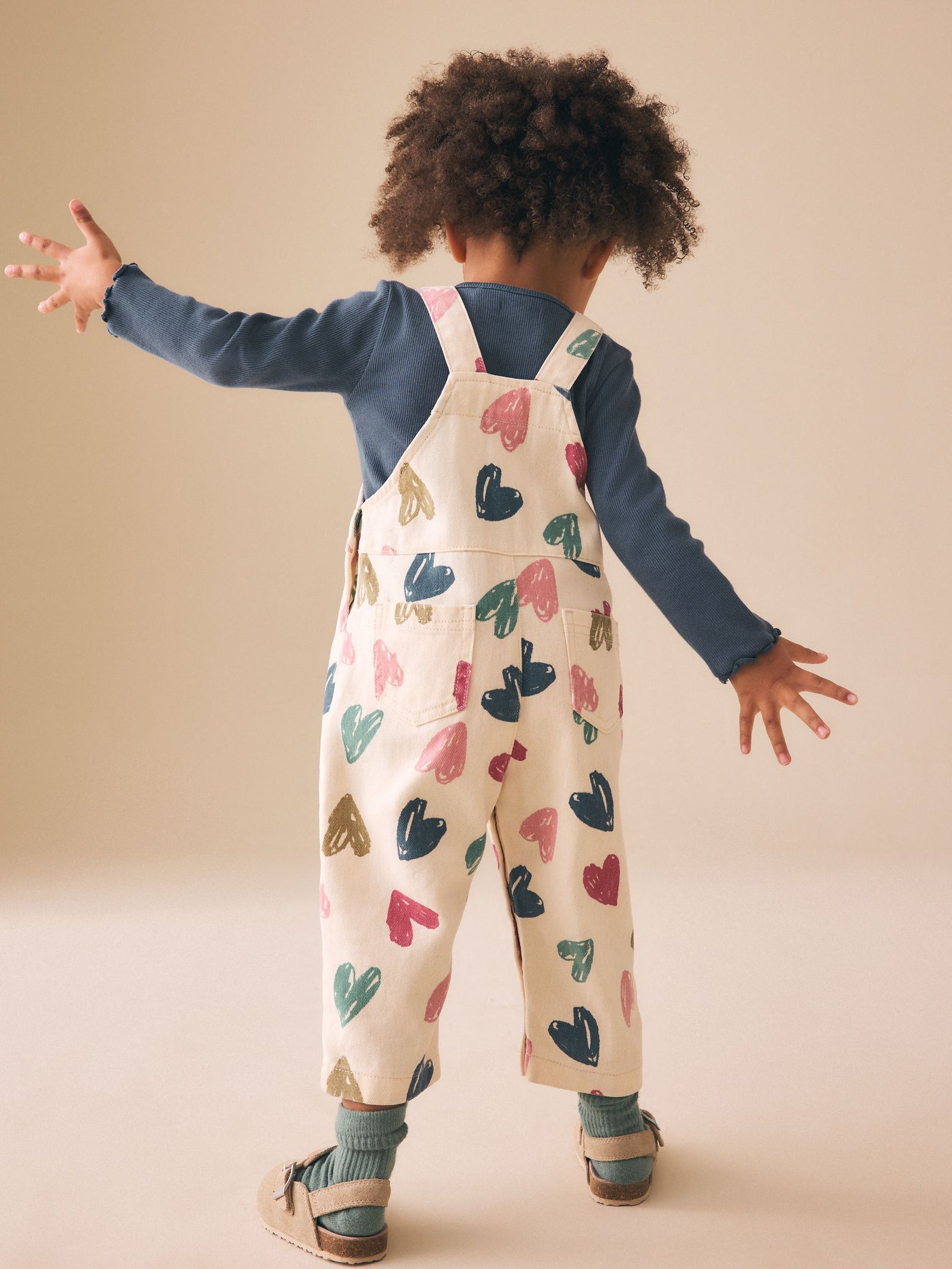 Ecru Heart Print Dungarees and T-Shirt Set (3mths-7yrs)