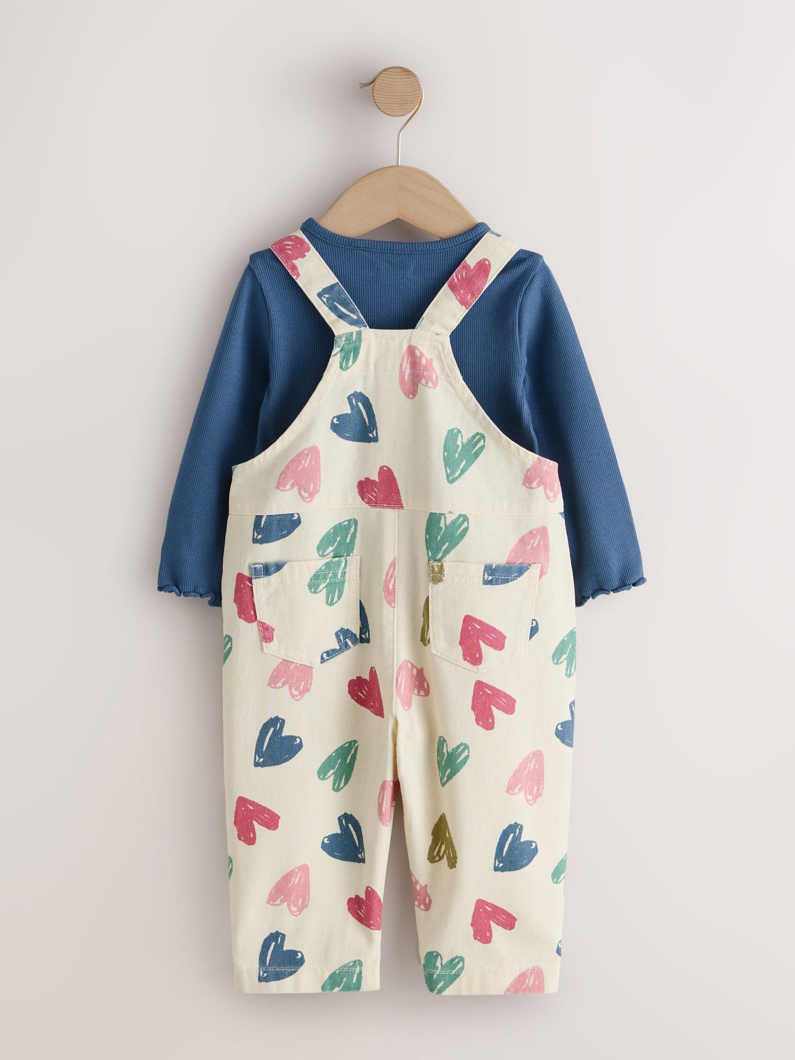 Ecru Heart Print Dungarees and T-Shirt Set (3mths-7yrs)