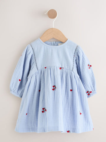 Blue/Red Baby Long Sleeve Embroidered Dress (0mths-2yrs)