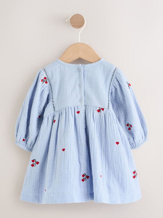 Blue/Red Baby Long Sleeve Embroidered Dress (0mths-2yrs)