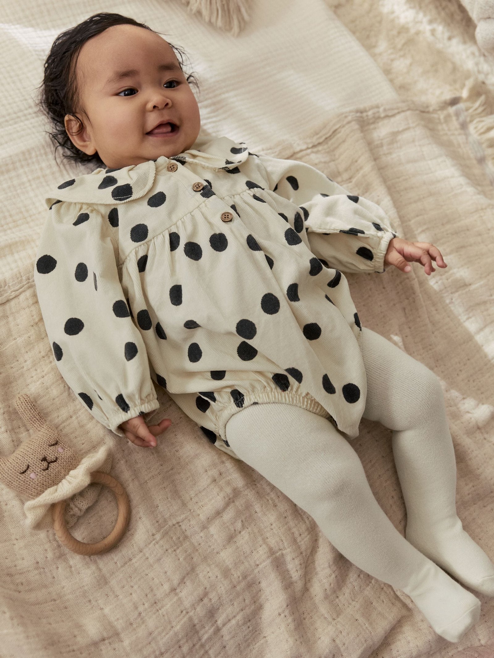 Cream/Charcoal Polka Dot Baby Bloomer Rompers Set 2 Piece with Tights (0mths-3yrs)