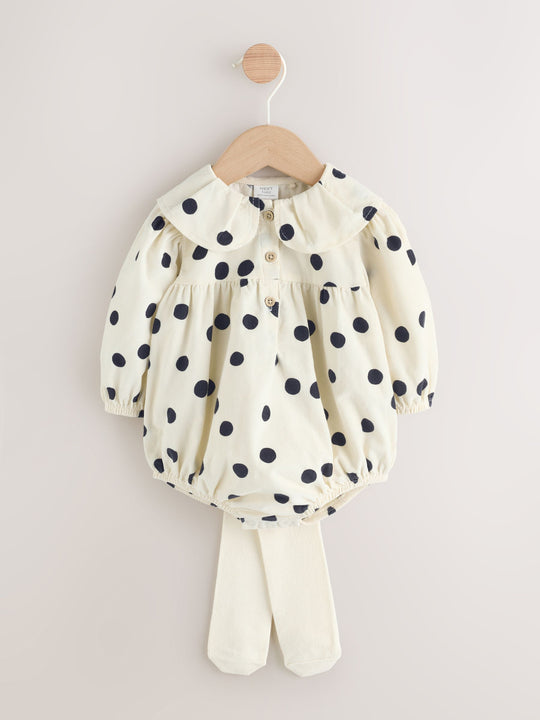 Cream/Charcoal Polka Dot Baby Bloomer Rompers Set 2 Piece with Tights (0mths-3yrs)
