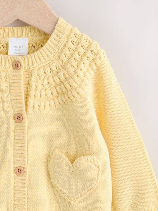 Yellow Heart Pocket Button Through Baby Cardigan (0mths-2yrs)