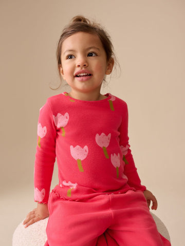 Pink/Red Flower Rib Long Sleeve T-Shirt (3mths-7yrs)