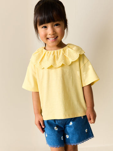Yellow Short Sleeve Broderie Collar Top (3mths-7yrs)