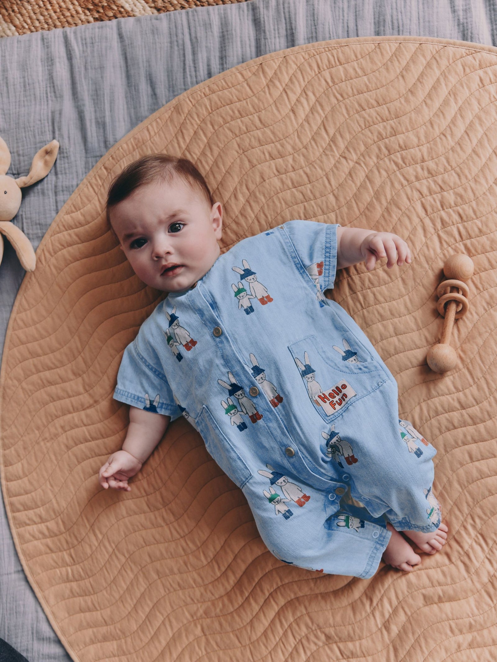 Blue Denim Rabbit Print Short Sleeve Baby Romper (0mths-3yrs)