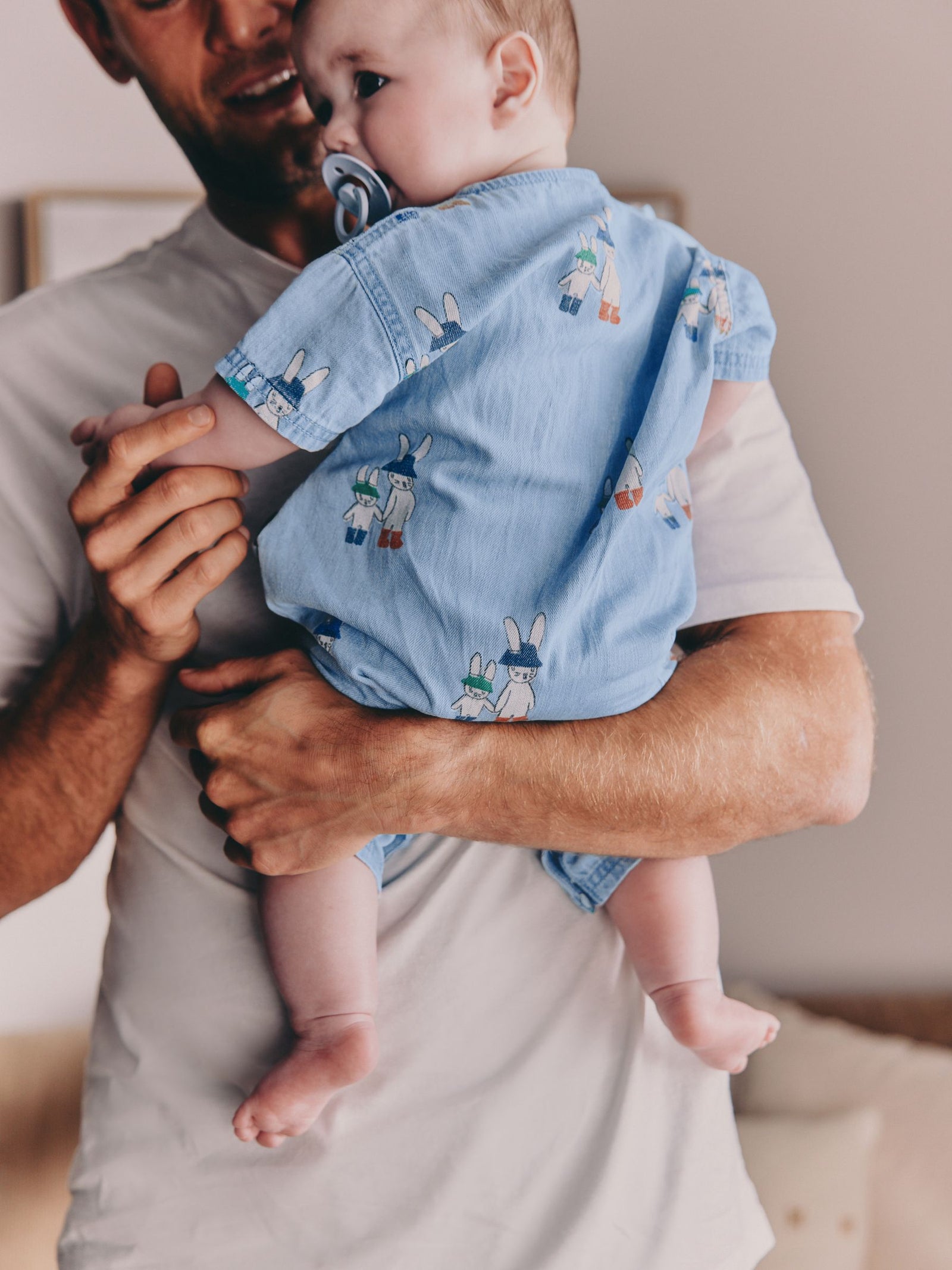 Blue Denim Rabbit Print Short Sleeve Baby Romper (0mths-3yrs)