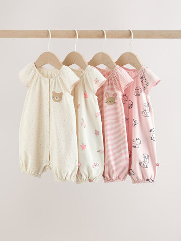 Pink Character All Over Printed Button Through Jersey Baby Rompers 4 Pack