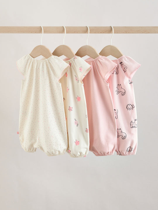 Pink Character All Over Printed Button Through Jersey Baby Rompers 4 Pack