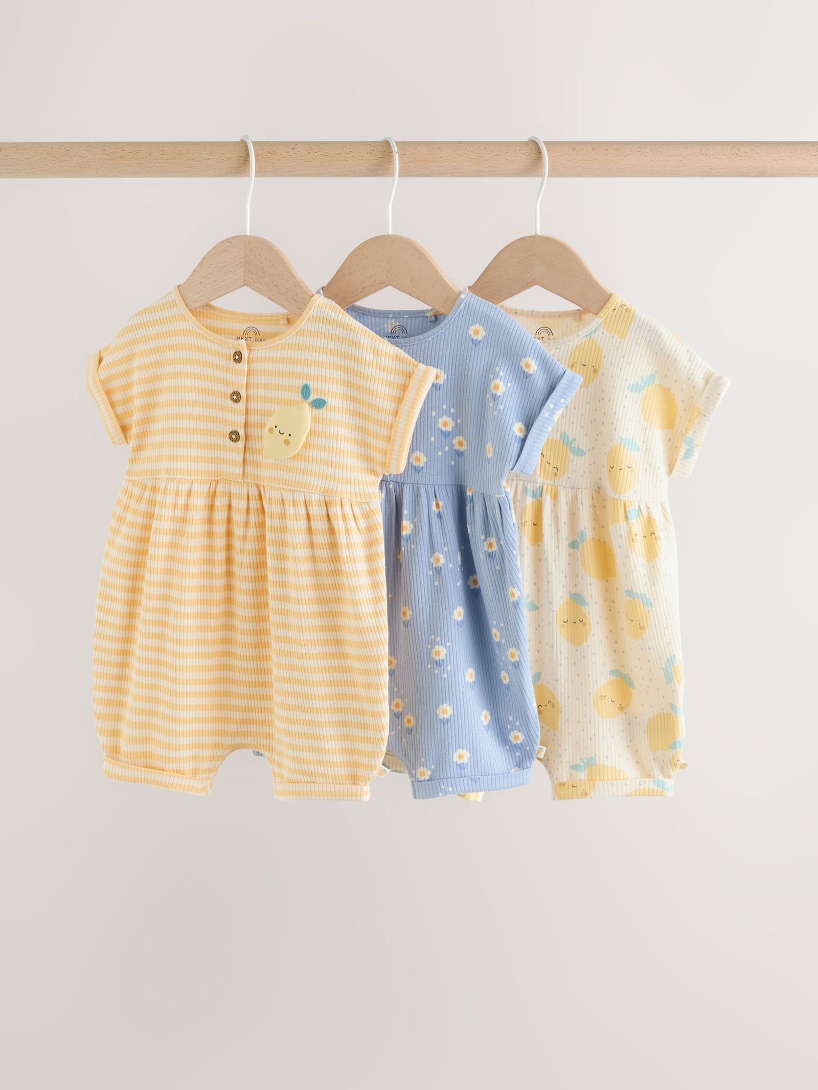 Blue and Lemon Printed Button T Shirt Jersey 3 Pack Baby Rompers