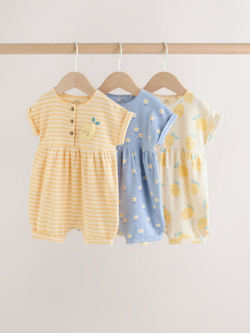 Blue and Lemon Printed Button T Shirt Jersey 3 Pack Baby Rompers