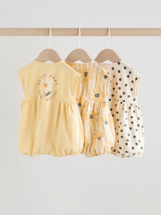 Yellow Floral Button Through Button Through Baby Rompers 3 Pack