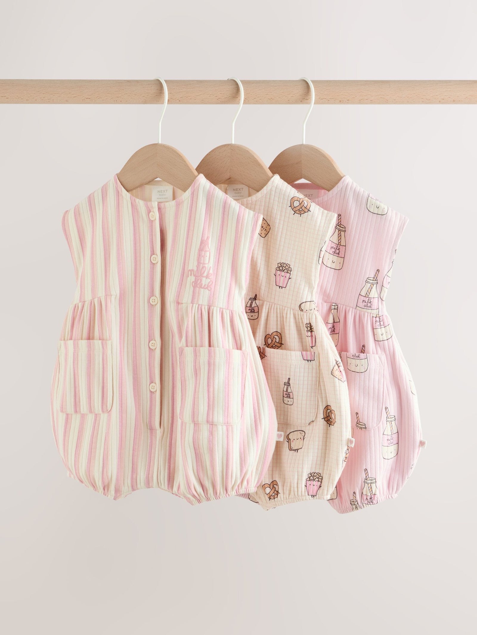 Pink Milk Club Button Through Baby Rompers 3 Pack