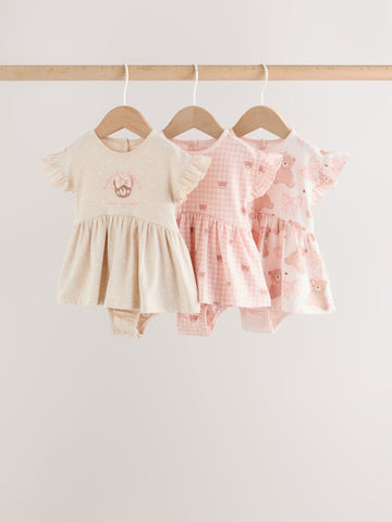 Pink Bear Embroidered Jersey Baby Rompers 3 Pack