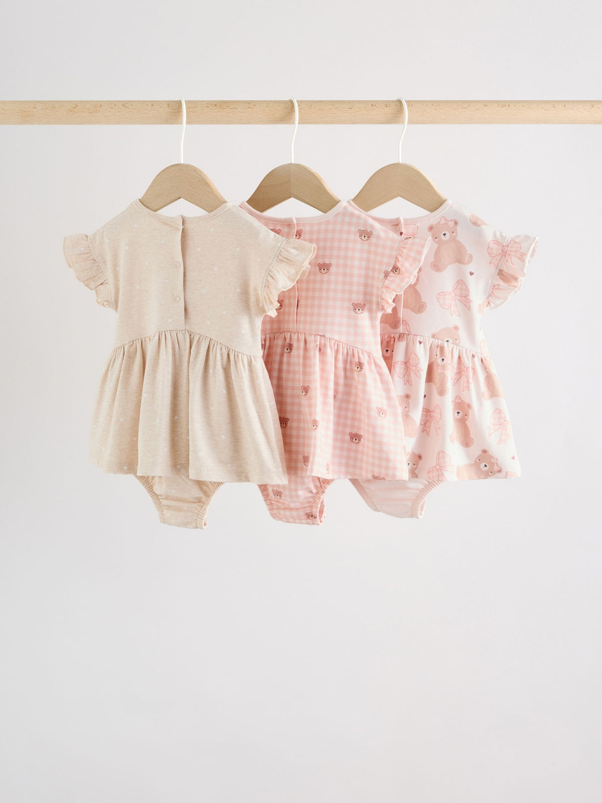 Pink Bear Embroidered Jersey Baby Rompers 3 Pack