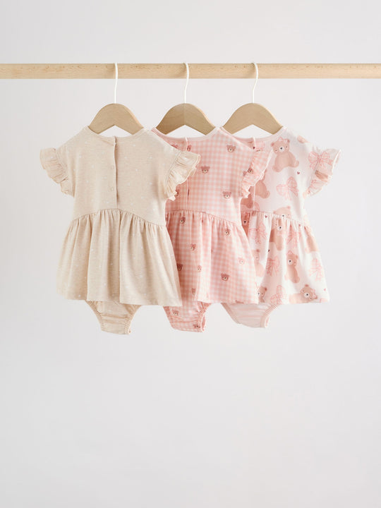 Pink Bear Embroidered Jersey Baby Rompers 3 Pack