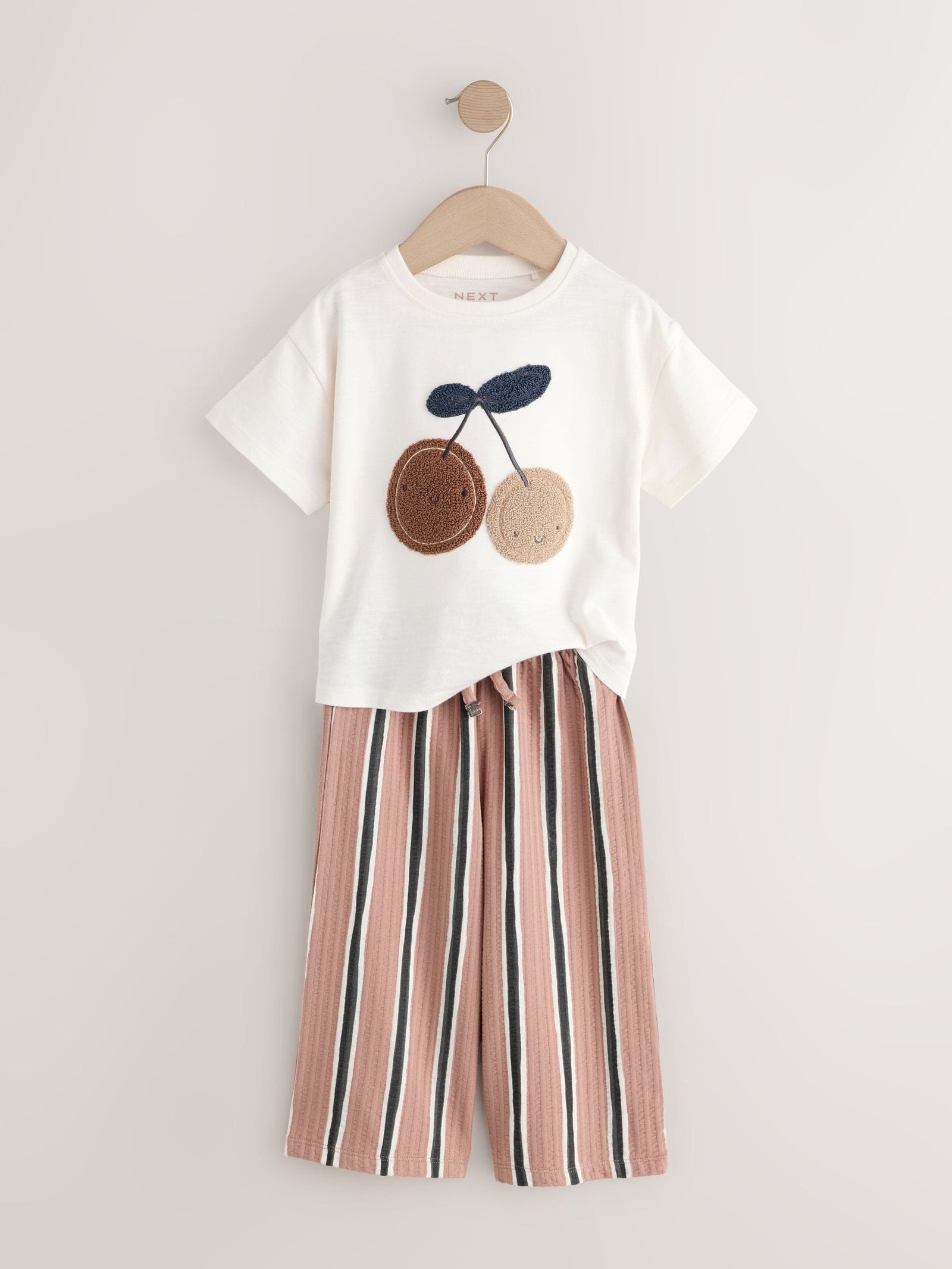 Ecru/ Brown Cherry Short Sleeve Top and Barrel Trousers Set (3mths-7yrs)