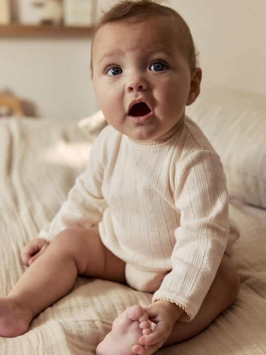 Ecru Pointelle Bodysuit Leggings And Cardigan Baby Set 3 Piece (0-9mths)