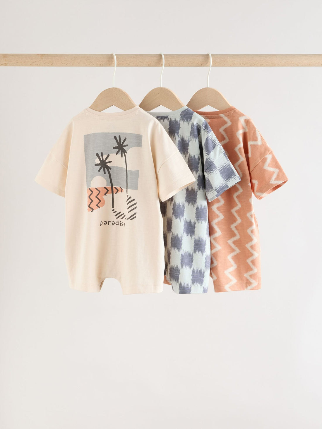 Neutral Sunbaked Printed Button Through Jersey Baby Rompers 3 Pack