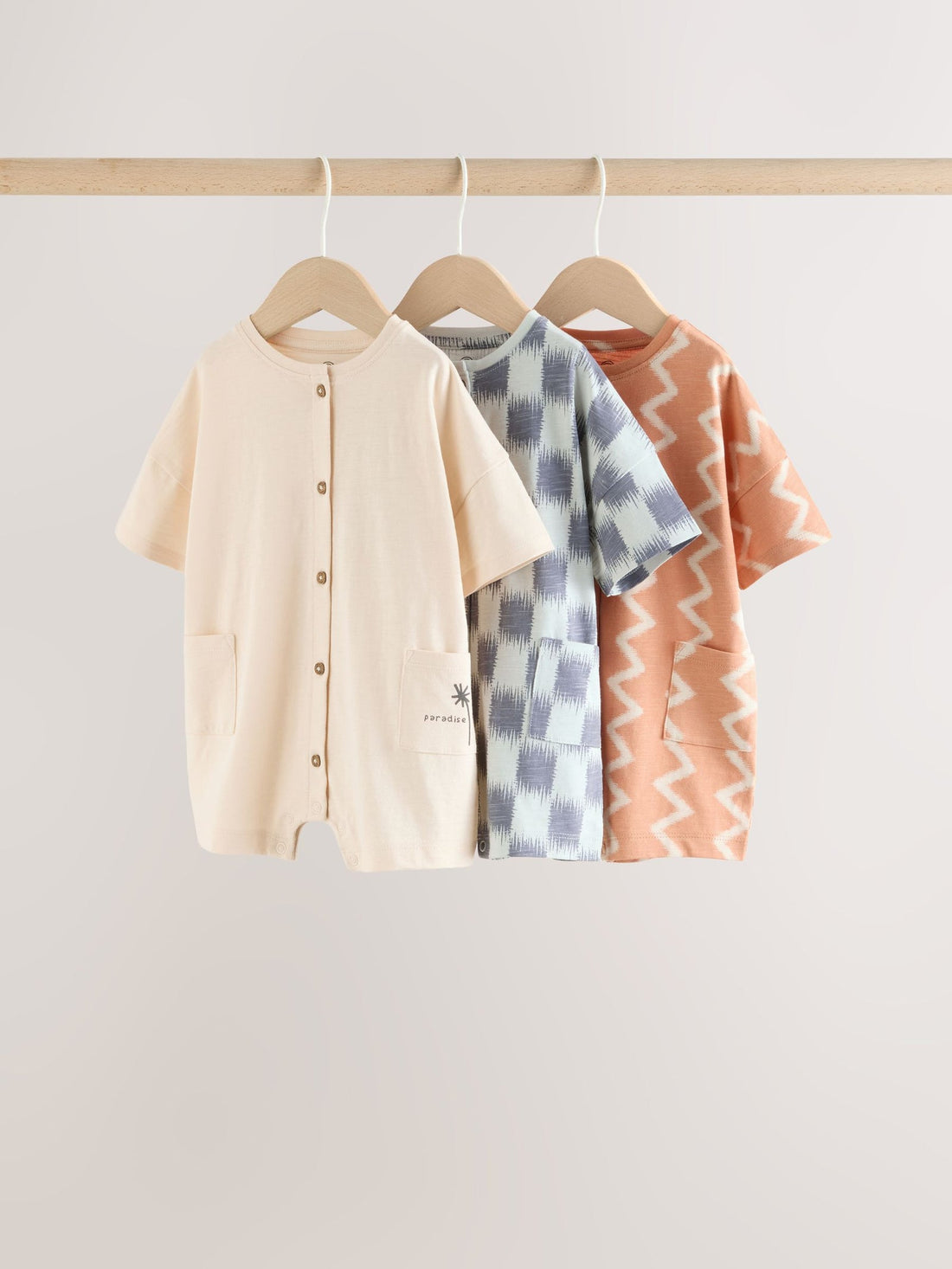 Neutral Sunbaked Printed Button Through Jersey Baby Rompers 3 Pack