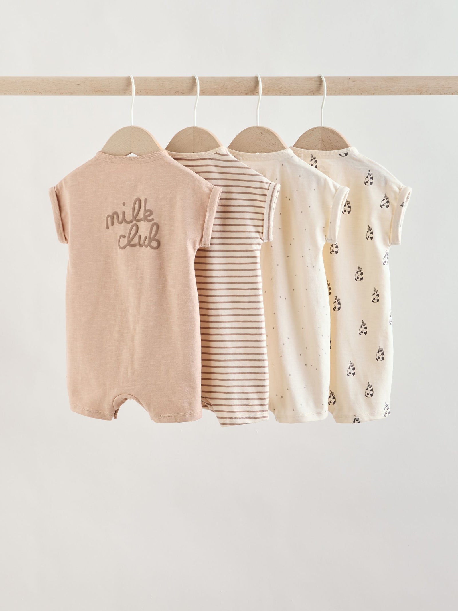 Neutral "Milk Club" Embroidered Baby Jersey Rompers 4 Pack