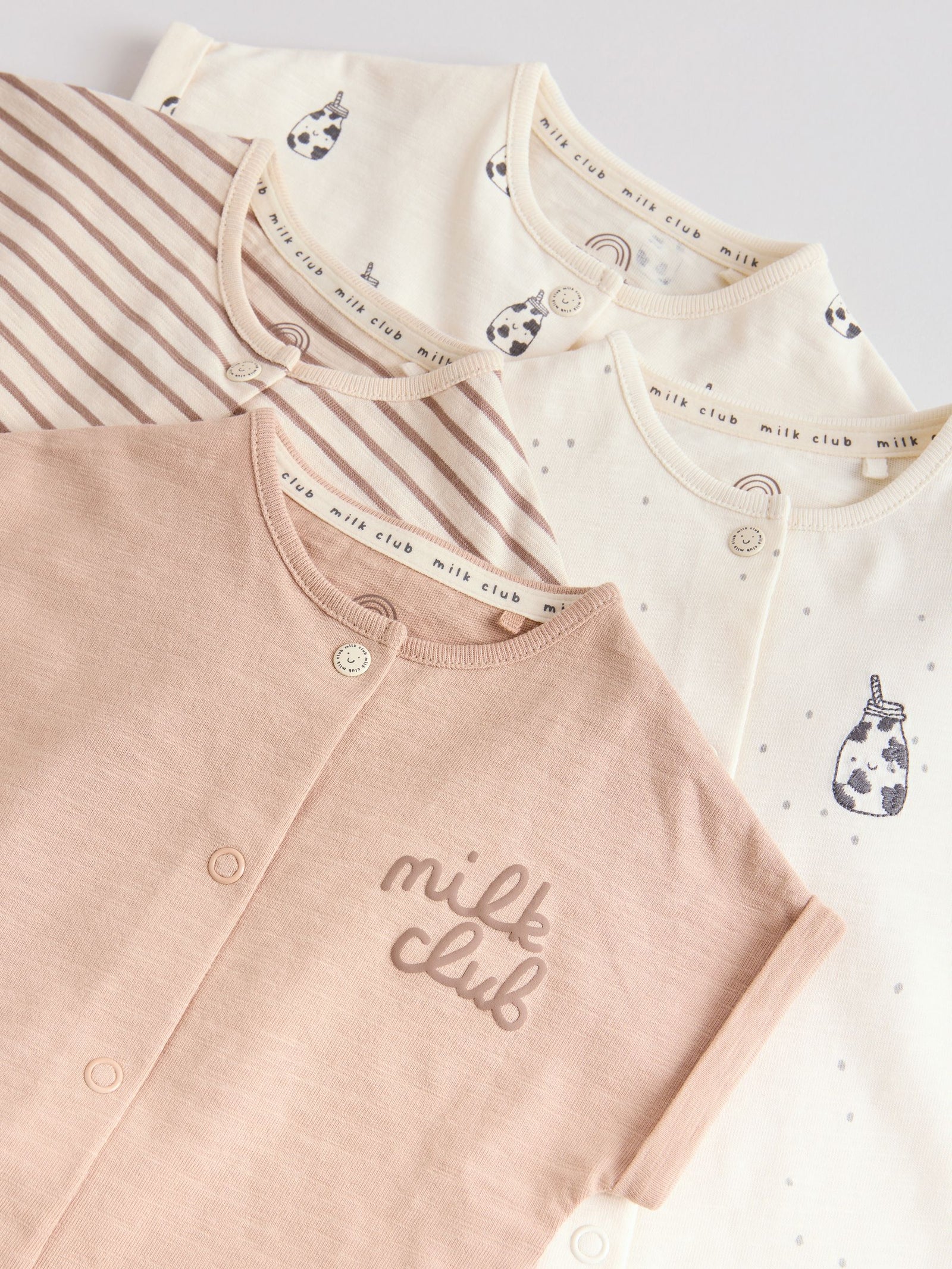 Neutral "Milk Club" Embroidered Baby Jersey Rompers 4 Pack