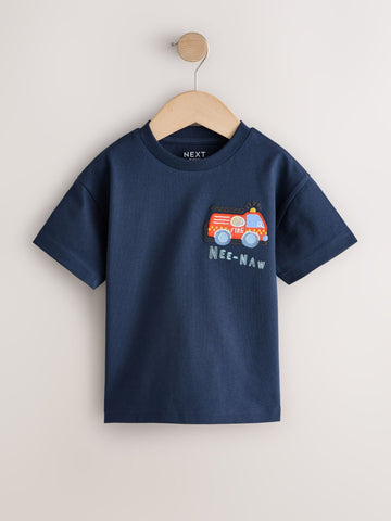 Navy Blue Fire Engine Short Sleeve Appliqué T-Shirt (3mths-7yrs)
