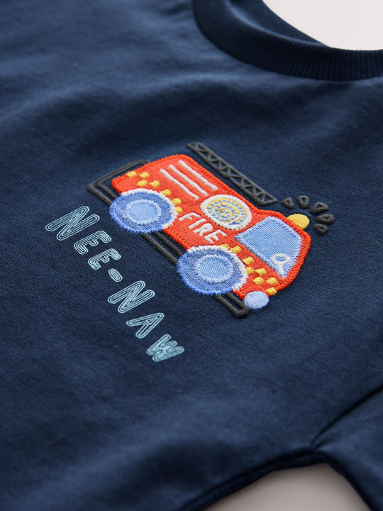 Navy Blue Fire Engine Short Sleeve Appliqué T-Shirt (3mths-7yrs)