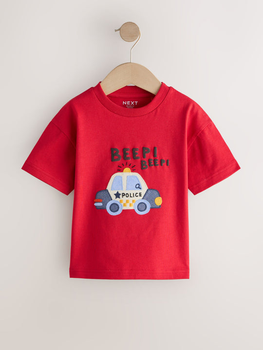 Red Police Car Short Sleeve Appliqué T-Shirt (3mths-7yrs)