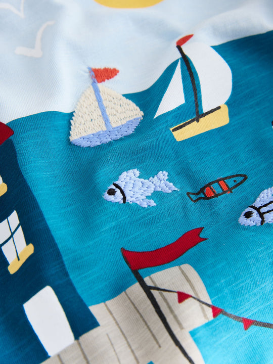 Blue Seaside Short Sleeve Appliqué T-Shirt (3mths-7yrs)