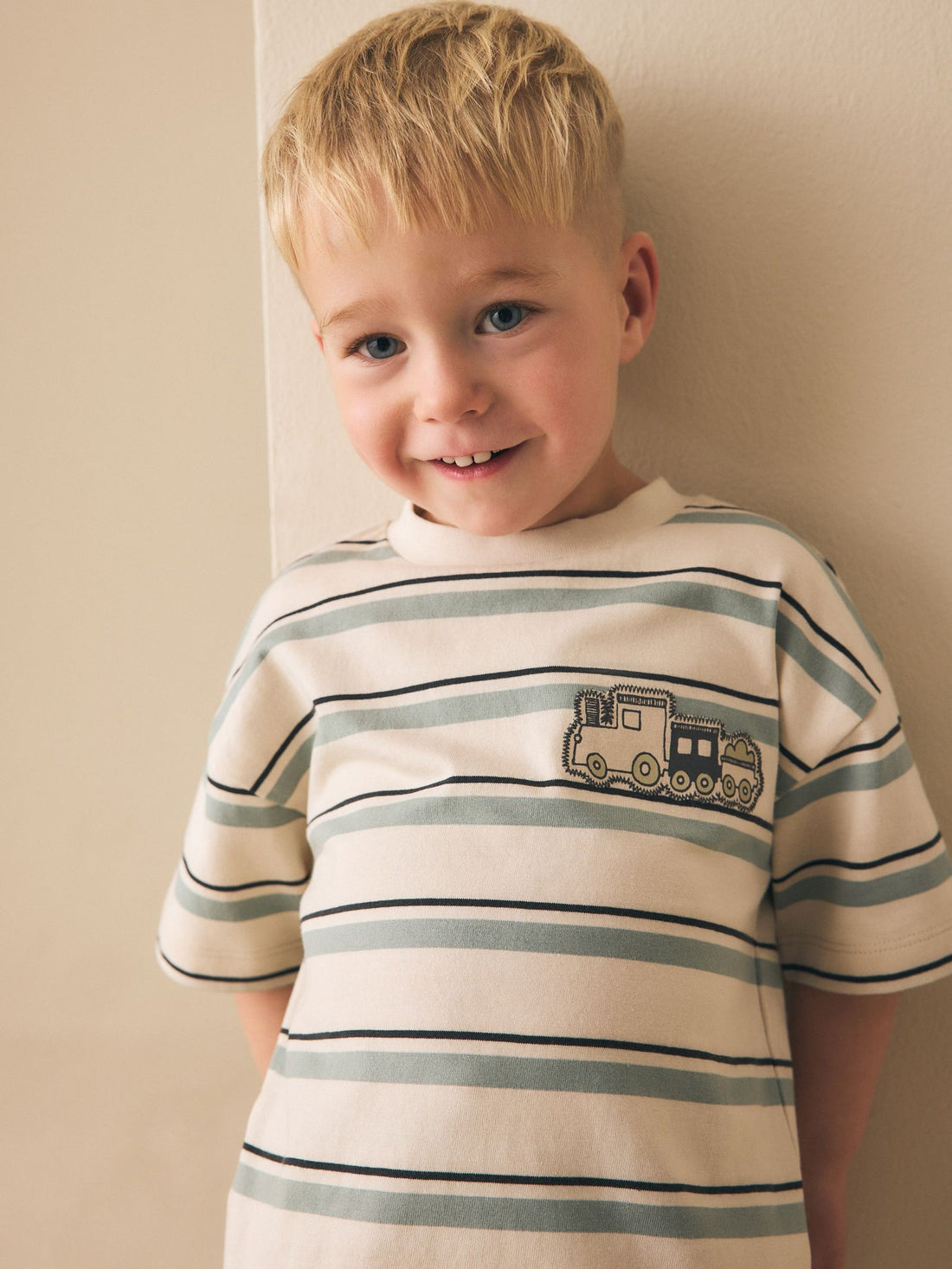 Blue/Ecru Train Short Sleeve Stripe T-Shirt (3mths-7yrs) (3mths-7yrs)