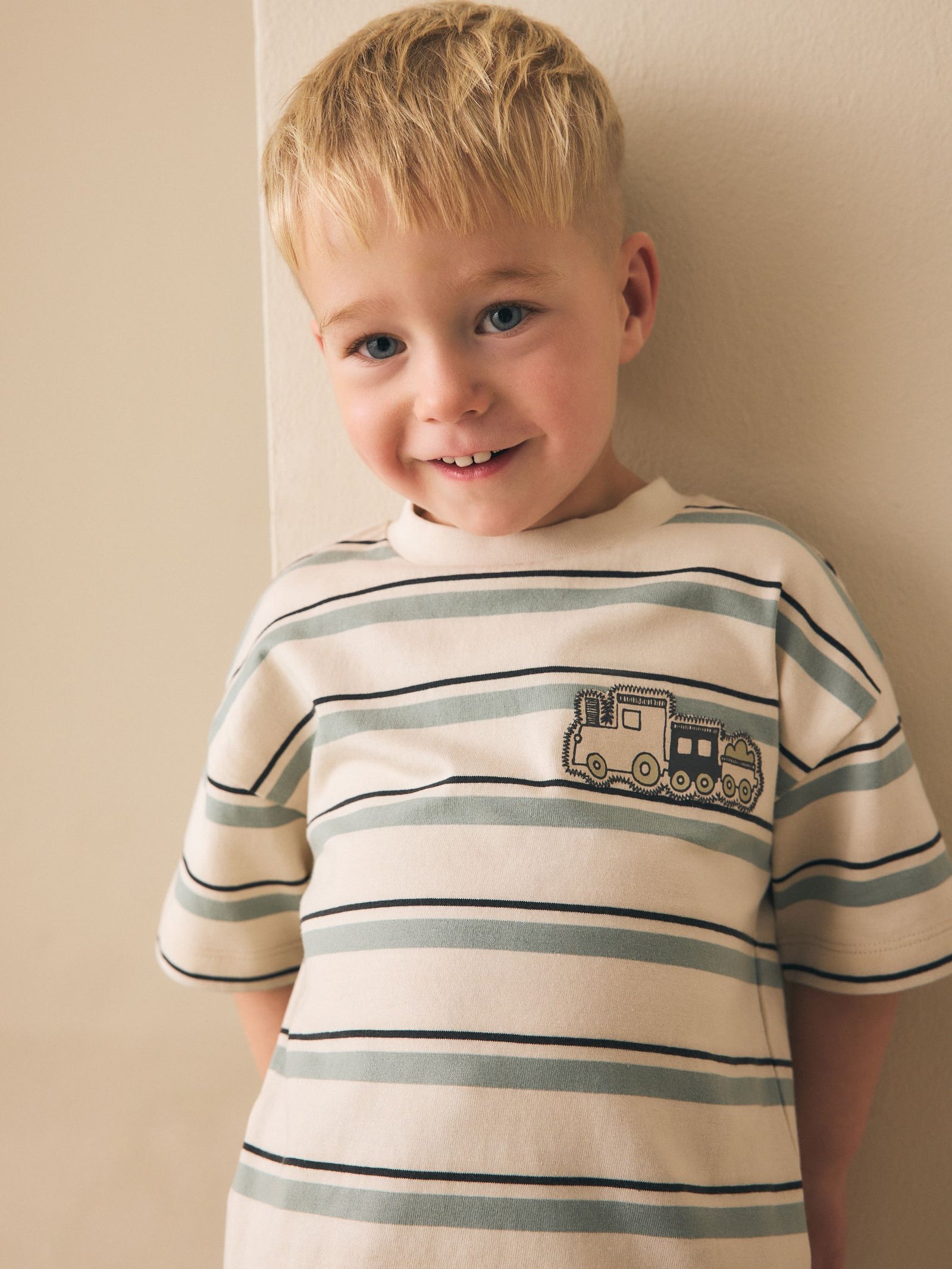 Blue/Ecru Train Short Sleeve Stripe T-Shirt (3mths-7yrs) (3mths-7yrs)