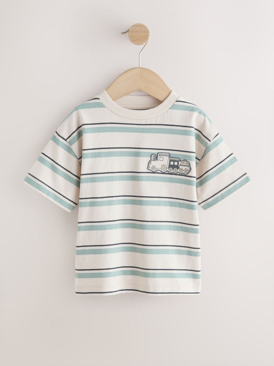 Blue/Ecru Train Short Sleeve Stripe T-Shirt (3mths-7yrs) (3mths-7yrs)
