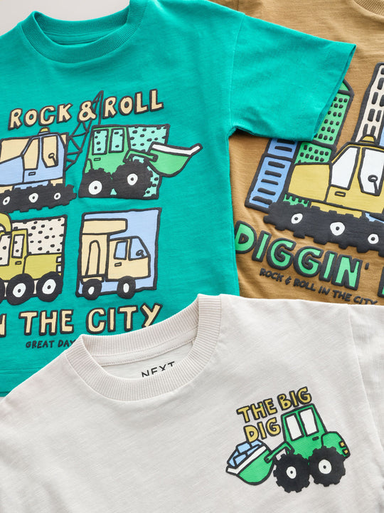 Teal Blue Digger Short Sleeve Graphic T-Shirts 3 Pack (3mths-7yrs)