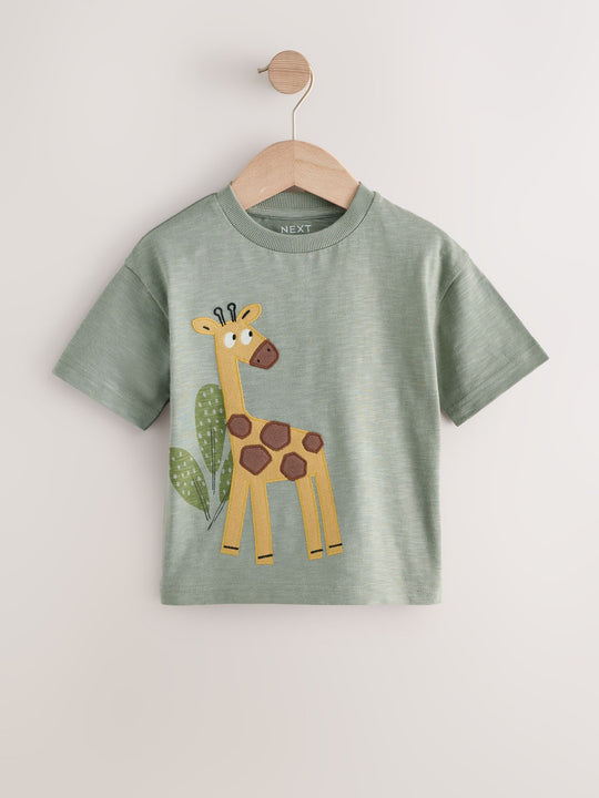 Green Safari Animals Short Sleeve Appliqué T-Shirts 3 Pack (3mths-7yrs)