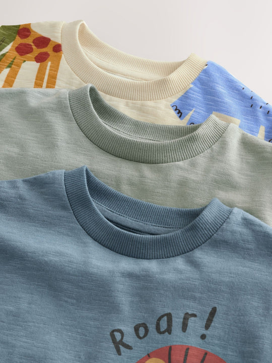 Green Safari Animals Short Sleeve Appliqué T-Shirts 3 Pack (3mths-7yrs)