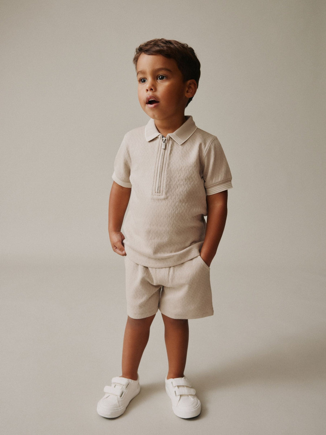 Neutral Zip Neck Short Sleeve Polo Shirt And Shorts Set (3mths-7yrs)