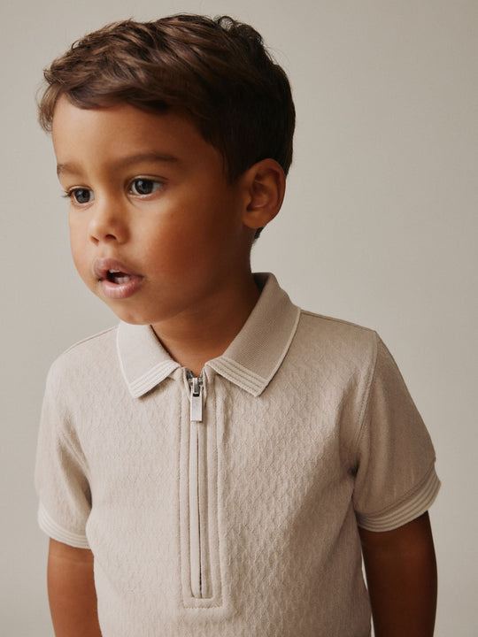 Neutral Zip Neck Short Sleeve Polo Shirt And Shorts Set (3mths-7yrs)