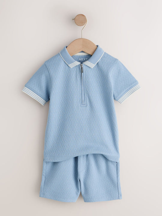 Blue Zip Neck Short Sleeve Polo Shirt And Shorts Set (3mths-7yrs)