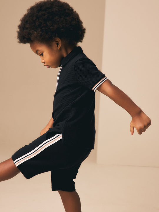 Black Zip Neck Short Sleeve Polo Shirt And Shorts Set (3mths-7yrs)