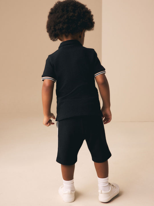 Black Zip Neck Short Sleeve Polo Shirt And Shorts Set (3mths-7yrs)