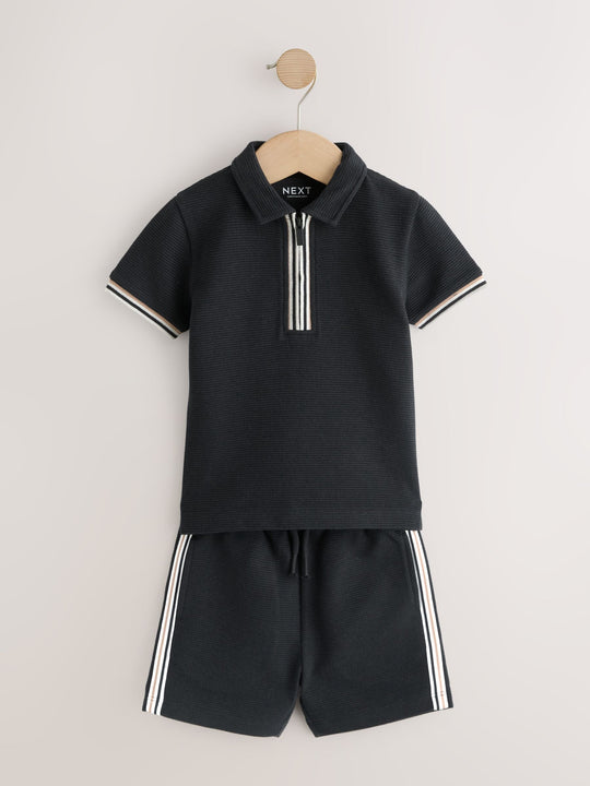 Black Zip Neck Short Sleeve Polo Shirt And Shorts Set (3mths-7yrs)